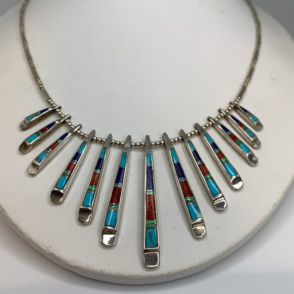 Reversible Silver and Turquoise Inlay Necklace with Fan Design Item #3870 - Picture 3 of 12
